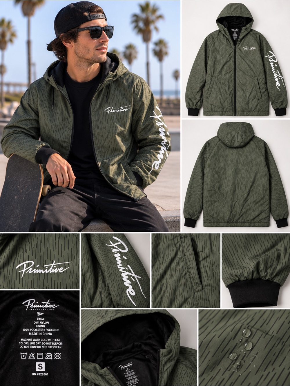 Primitive Nuevo Script Olive Windbreaker Jacket Men’s S Skate Streetwear